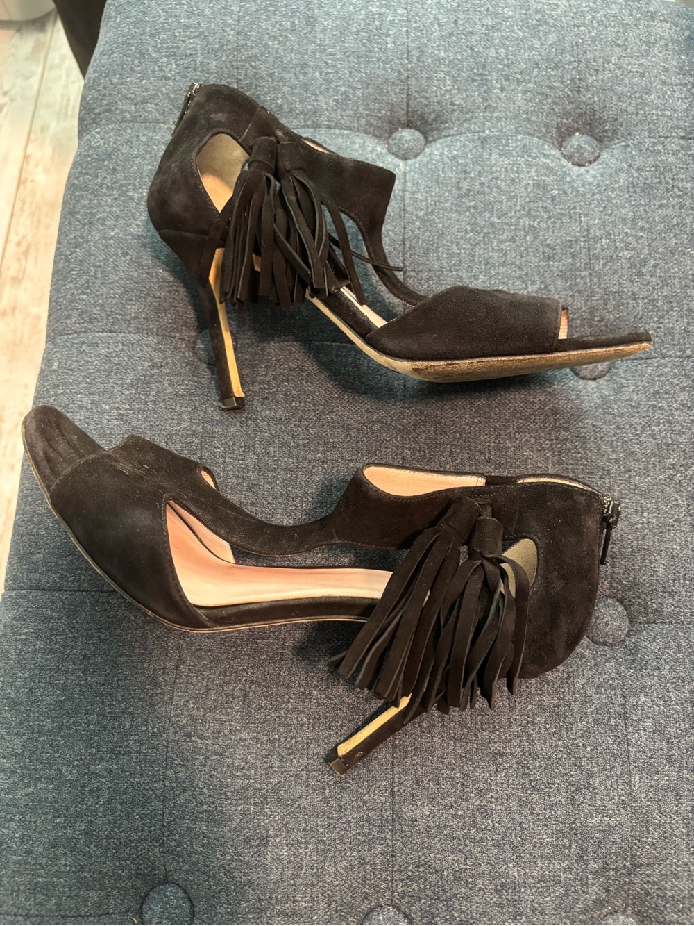 kate spade Black Suede Fringe Open-Toe Heels